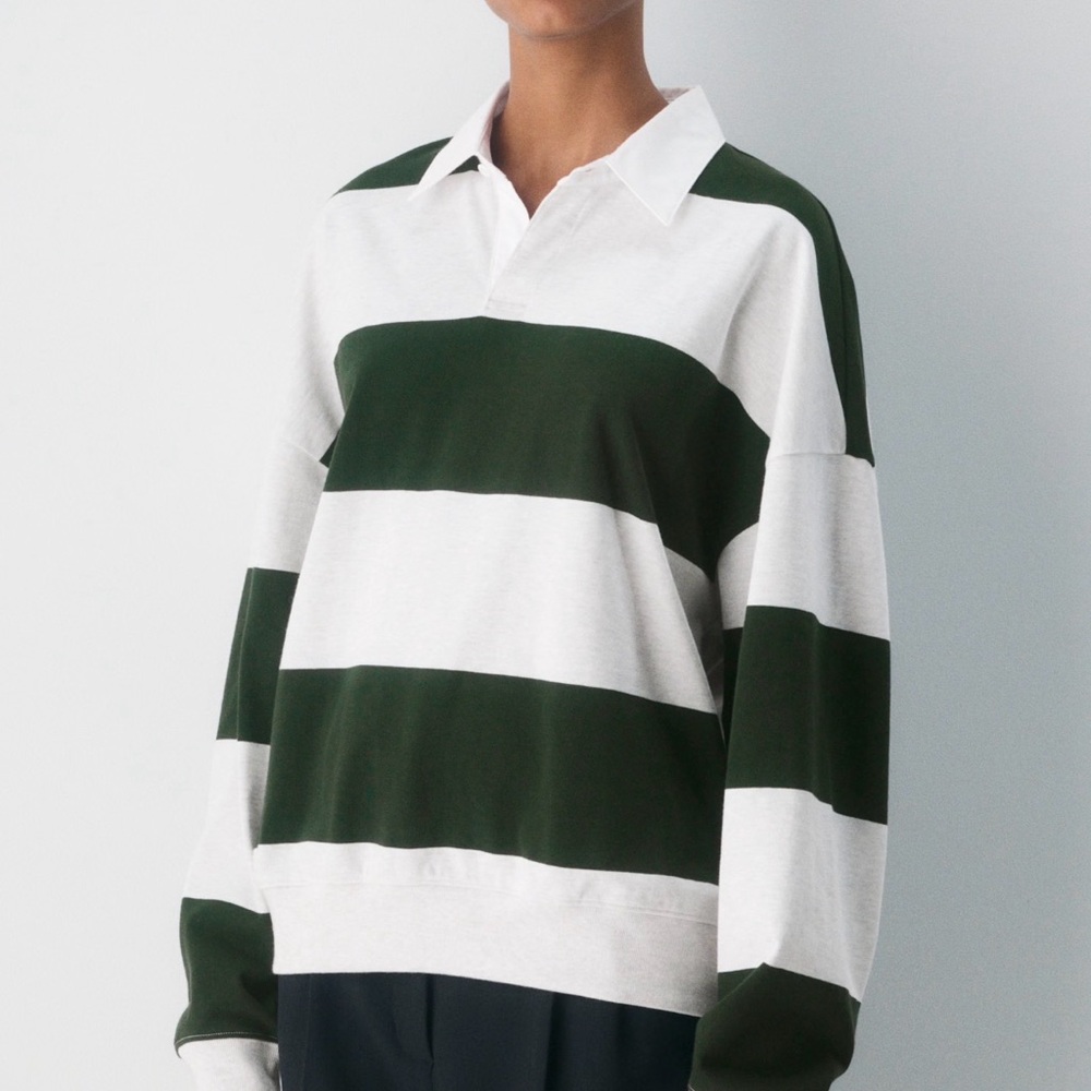 Aritzia TNA Lomu Polo Green and White Striped Top